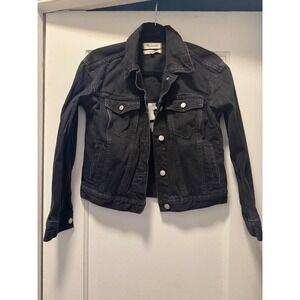 Madewell Boxy Jean Jacket Black Denim Embroidered Face Graphic XS Womens